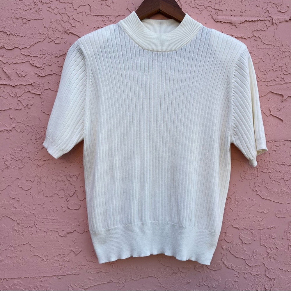 Vintage Laura Scott Sweater Cropped Ribbed Cream Mock Neck Size Large